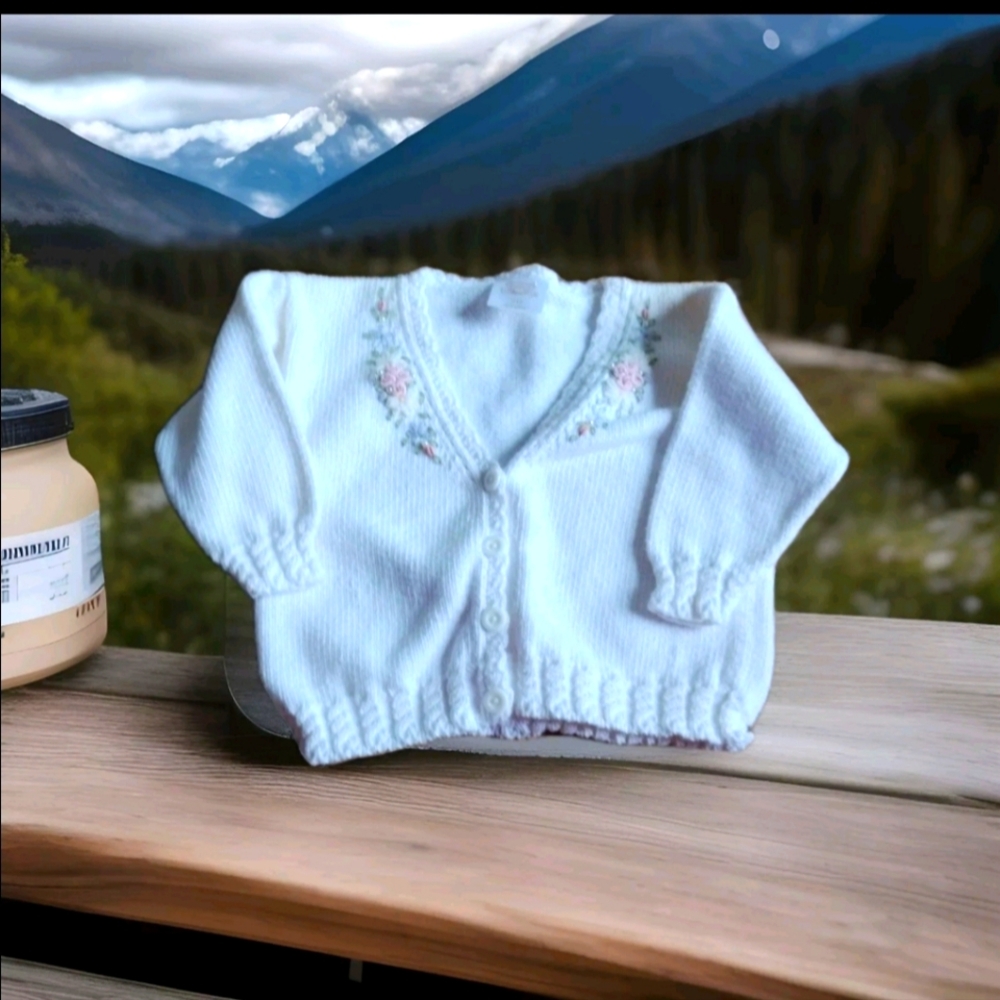Vintage Toddler Baby Girl Pink Floral Embroidered Knit Cardigan Sweater 2y 2t